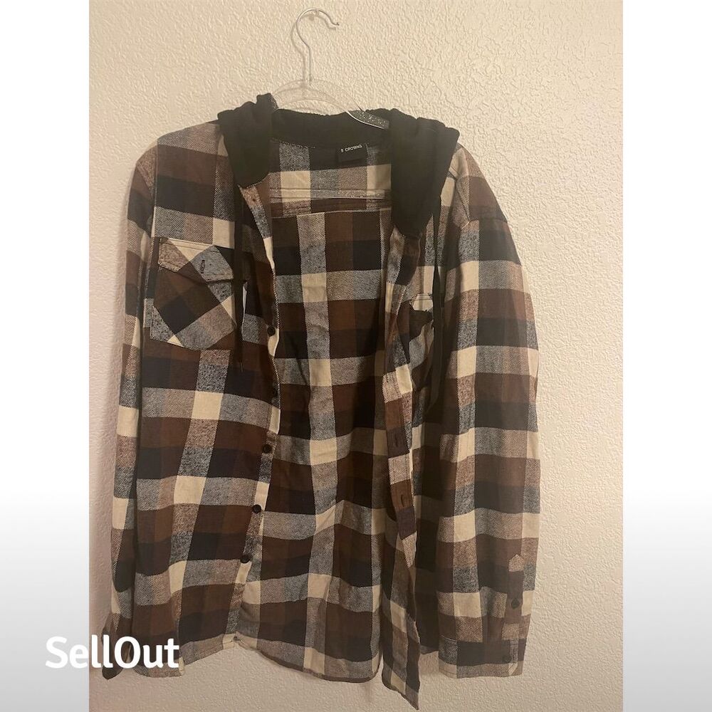 9 Crowns Men's Plaid Hooded Flannel Button Up Hoodie Brown Size XL
